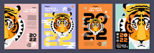 Chinese New Year 2022 Modern Art Design Set For Branding Covers, Cards, Posters, Banners. Chinese Zodiac Tiger Symbol. Hieroglyphics Mean Wishes Of A Happy New Year And Symbol Of The Year Of The Tiger