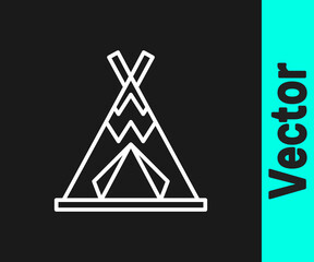 Sticker - White line Traditional indian teepee or wigwam icon isolated on black background. Indian tent. Vector