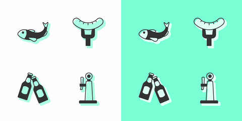 Sticker - Set Beer tap, Dried fish, bottle and Sausage on the fork icon. Vector