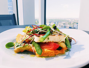 Wall Mural - Healthy recipe, organic food and vegetarian salad menu in luxury restaurant, warm vegetables with cheese, greens and herbs served on plate.