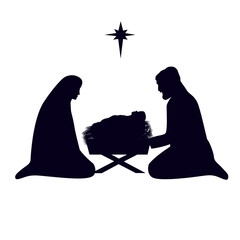 Wall Mural - Christmas story Mary Joseph and baby Jesus in manger. Nativity scene in silhouette of baby Jesus in the manger with star. The Birth of Christ, vector illustration