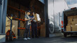 © Gorodenkoff - Outside of Logistics Distributions Warehouse With Manager Using Tablet Computer, Diverse Workers Loading Delivery Truck with Cardboard Boxes. Online Orders, Purchases, E-Commerce Goods.