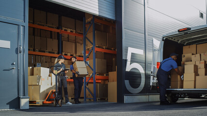 Outside of Logistics Distributions Warehouse With Manager Using Tablet Computer, Diverse Workers Loading Delivery Truck with Cardboard Boxes. Online Orders, Purchases, E-Commerce Goods.