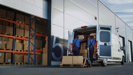 Wall Mural - Outside of Logistics Distributions Warehouse: Diverse Team of Workers use Hand Pallet Truck Start Loading Delivery Truck with Cardboard Boxes, Online Orders, Purchases, E-Commerce Goods.