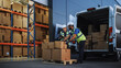 © Gorodenkoff - Outside of Retailer Distributions Warehouse With Inventory Manager Using Tablet Computer, talking to Worker Loading Delivery Truck with Cardboard Boxes. Online Orders, Purchases, E-Commerce Goods