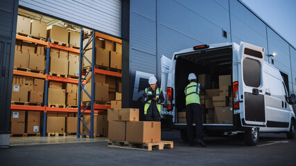 Wall Mural - Outside of Retailer Distributions Warehouse With Inventory Manager Using Tablet Computer, talking to Worker Loading Delivery Truck with Cardboard Boxes. Online Orders, Purchases, E-Commerce Goods