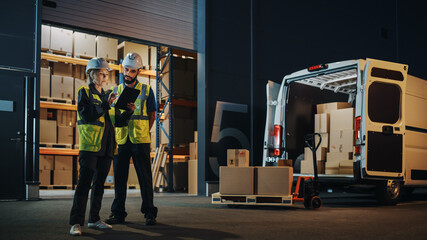 Wall Mural - Outside of Logistics Distributions Warehouse With Inventory Manager Using Tablet Computer, talking to Worker. Delivery Truck with Cardboard Boxes, Online Orders, E-Commerce Food and Medicine Supply