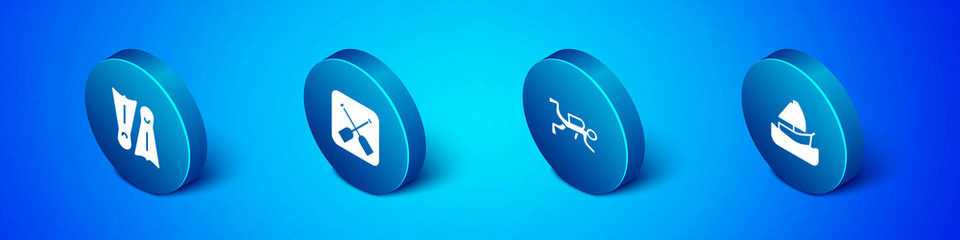 Poster - Set Isometric Flippers for swimming, Scuba diver, Yacht sailboat and Paddle icon. Vector