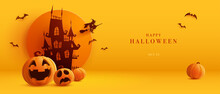 3D Illustration Of Halloween Theme Banner With Group Of Jack O Lantern Pumpkin And Paper Graphic Style Of Castle On Background. 