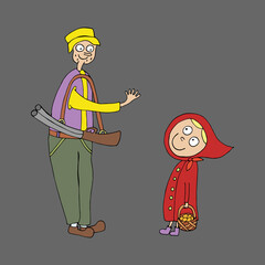 Illustration for a children s book. Little red riding hood and gray wolf. Vector. Drawn by hand in doodle style. Funny characters in cartoon style.