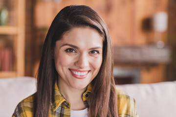 Poster - Photo of cheerful positive nice lovely cute lady toothy beaming smile wear checkered shirt home indoors