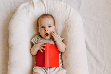 Shocked baby lying in a baby nest, holding a red book with blank cover.