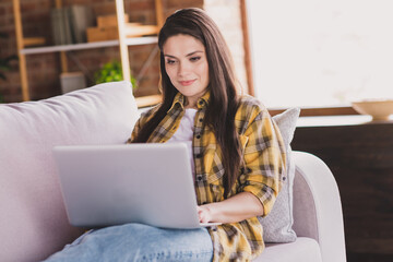 Sticker - Photo of positive lady sit comfortable couch hold laptop typing surf social network wear plaid shirt home indoors