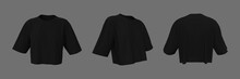 Blank Crop T-shirt Mockup In Front, Side And Back Views, Design Presentation For Print, 3d Illustration, 3d Rendering