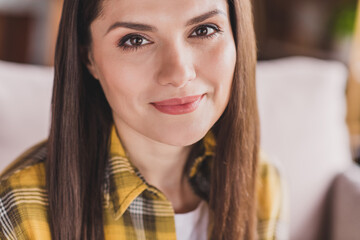 Sticker - Cropped photo of positive peaceful sincere pretty lady look camera smile wear checkered shirt home indoors