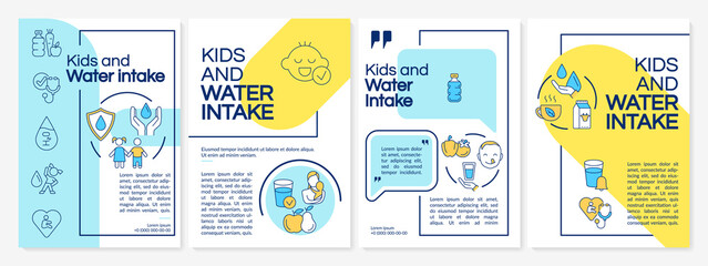 Kids and water intake blue, yellow brochure template. Flyer, booklet, leaflet print, cover design with linear icons. Vector layouts for presentation, annual reports, advertisement pages