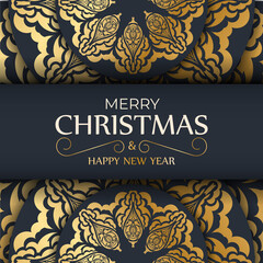 Brochure Merry christmas dark blue with vintage gold ornament