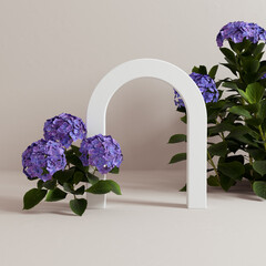 Wall Mural - Product display mockup with blue flowers, leaves and white arch, cosmetic beauty product presentation, 3d rendering minimal beige pastel background