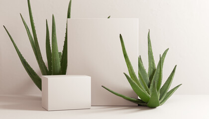 Wall Mural - Aloe vera minimal scene cosmetic product presentation template. Beige pastel background with natural plant, leaves for object promotion, 3d rendering.