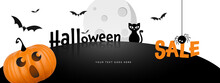 Halloween Business Sale Banner Background, Orange And Black Colour, Moon, Spider, Cat And Pumpkin With Scary Face, Flying Bats, Vector Holiday Graphic
