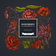 Square Floral Design On Dark Background With Viburnum, Hypericum, Tulip, Aster, Leucadendron, Amaryllis