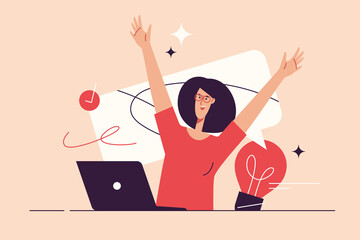 Wall Mural - Vector illustration depicting a young woman celebrating the success. Editable stroke