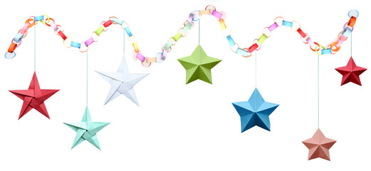 Wall Mural - Holiday paper stars and birds haning with paper chain