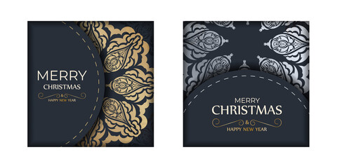 Merry christmas flyer in dark blue color with vintage gold ornament