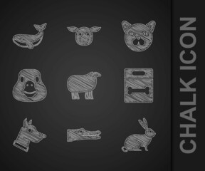 Set Sheep, Crocodile, Rabbit, Dog bone, head, Goose bird, Cat and Whale icon. Vector