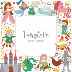 Vector square frame with fairy tale characters, objects. Fairytale card template design for banners, invitations with princess and prince. Cute fantasy castle illustration with magic elements.
