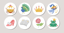 Cute Set Of Fairytale Round Cards With Princess Objects. Vector Fairy Tale Highlight Icons Collection With Shoe, Carriage, Peacock, Storybook, Frog Prince. Fantasy Design For Tags, Ads, Social Media.