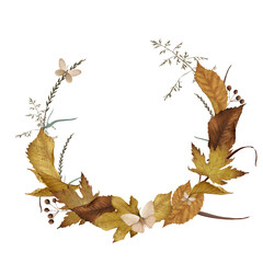 Wall Mural - Autumn season wreath frame with hand painted branches, golden leaves  isolated on white. Greeting card or invitation