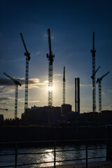 Poster - Vertical shot of construction sites and cranes with a river on the foreground in Hamburg, Germany