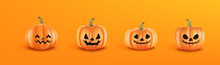 Halloween Set Of Pumpkin For Holiday. Realistic 3d Orange Pumpkins With Cut Scary Good Joy Smile. Isolated Design Elements. Vector Illustration
