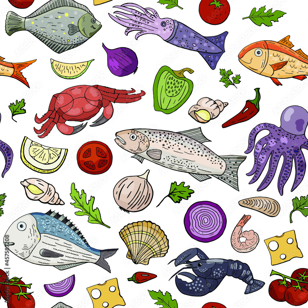 Ocean Fish Collection Seamless pattern with seafood and fish on the white background. Hand ...