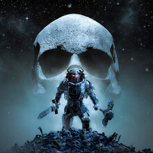 Futuristic Viking Skull Moon - 3D Illustration Of Science Fiction Robot Knight With Horned Helmet Holding Sword And Axe