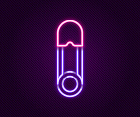 Sticker - Glowing neon line Classic closed steel safety pin icon isolated on black background. Colorful outline concept. Vector