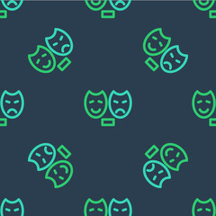 Sticker - Line Comedy and tragedy theatrical masks icon isolated seamless pattern on blue background. Vector