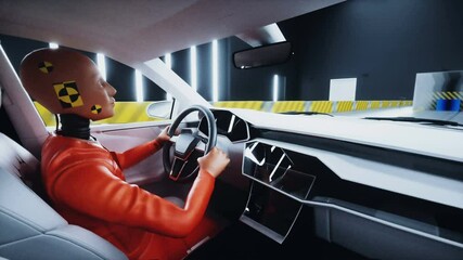 generic 3d car crash test with crashtest dummy. car destruction. realistic 4k animation.