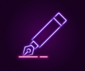 Sticker - Glowing neon line Fountain pen nib icon isolated on black background. Pen tool sign. Colorful outline concept. Vector