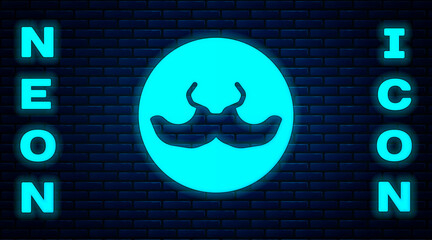 Sticker - Glowing neon Mustache icon isolated on brick wall background. Barbershop symbol. Facial hair style. Vector