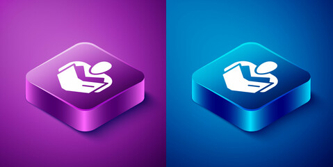 Sticker - Isometric Man reading book icon isolated on blue and purple background. Square button. Vector