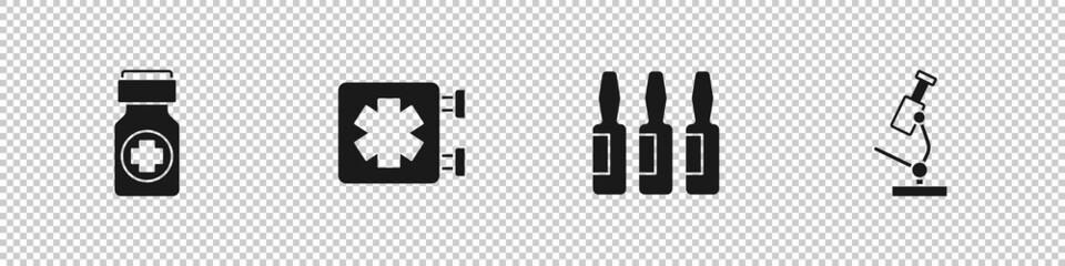 Sticker - Set Medicine bottle and pills, Medical symbol of the Emergency, vial, ampoule and Microscope icon. Vector