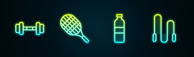 Poster - Set line Dumbbell, Tennis racket, Bottle of water and Jump rope. Glowing neon icon. Vector