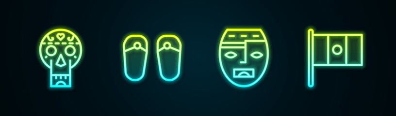 Sticker - Set line Mexican skull, Flip flops, Aztec mask and Mexico flag. Glowing neon icon. Vector