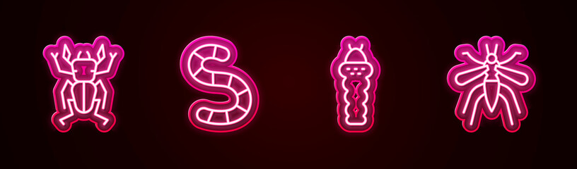 Sticker - Set line Beetle deer, Worm, Larva insect and Mosquito. Glowing neon icon. Vector