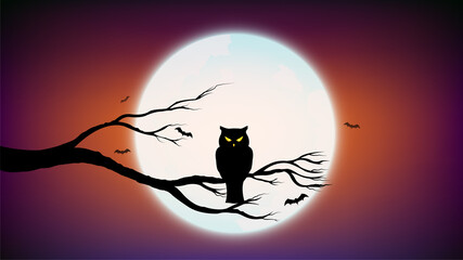 happy halloween with owl holding on tree branch and dark purple violet and orange color background w