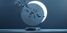 Japanese Style Minimal Abstract Moon Light Background. Stone Podium And Sakura Tree With Blue Background For Product Presentation. 3d Rendering Illustration.