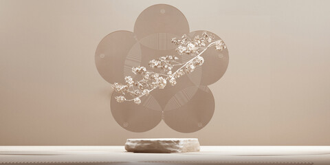 Wall Mural - japanese style minimal abstract background. stone podium and sakura tree with brown background for p