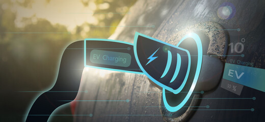 Electric cars, EVs, charging energy with modern technology, displaying UI control information, car filling stations, connecting wires, sustainable alternative energy.